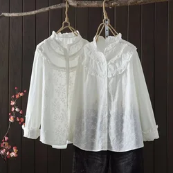 2024 Elegant chic woman blouse women American vintage long sleeve lace embroider shirts 100% cotton top female boho clothing