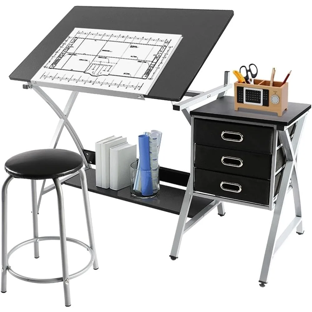 

Drafting Desk, Drawing Table for Artists/Adults, Art Desk w/Stool and 3 Slide Drawers, Painting Studio Design Work Station, Adj