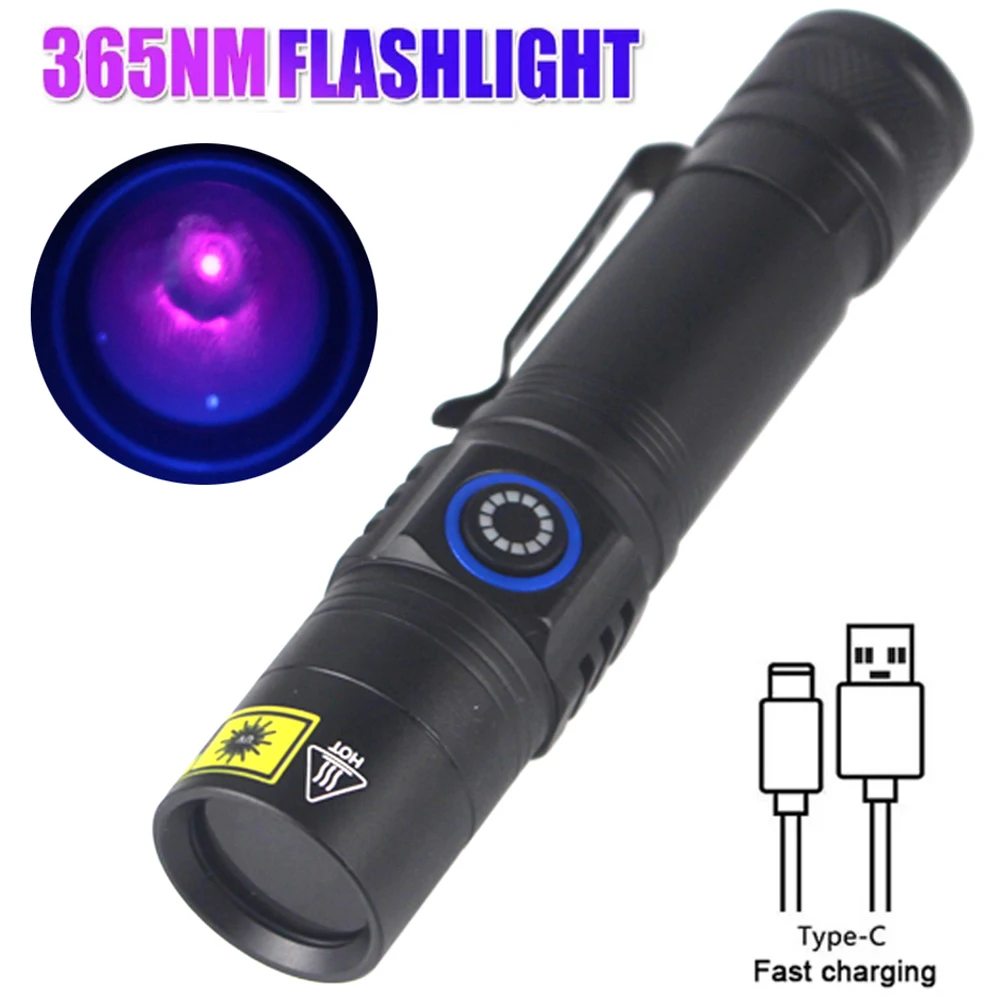 

5W 365nm UV Flashlight Type-C Usb Rechargeable pets urine Cat tinea Money Ore Scorpion Detection Ultraviolet Black light