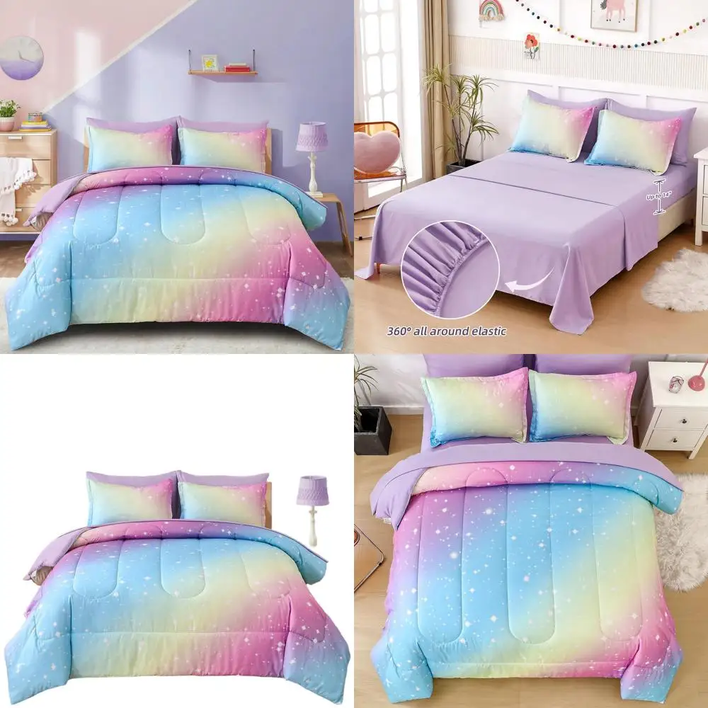 

Queen Size Rainbow Bedding Set for Teens: 7-Piece Blue & Blush Comforter Ensemble