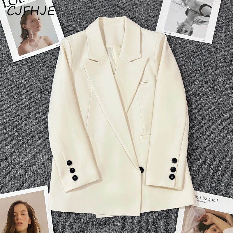 CJFHJE New Women's Off White Suit Jacket Korean Casual Fashion Temperament Women Buttonless Design Long Sleeved Suit Jacket