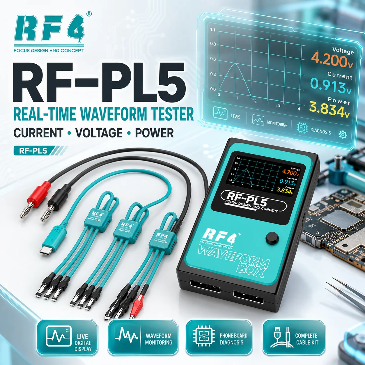 RF4 RF-PL5 Current Voltage Detection Tester Real-Time Digital Waveform Monitor Box for Phone Motherboard Power Diagnosis Repair