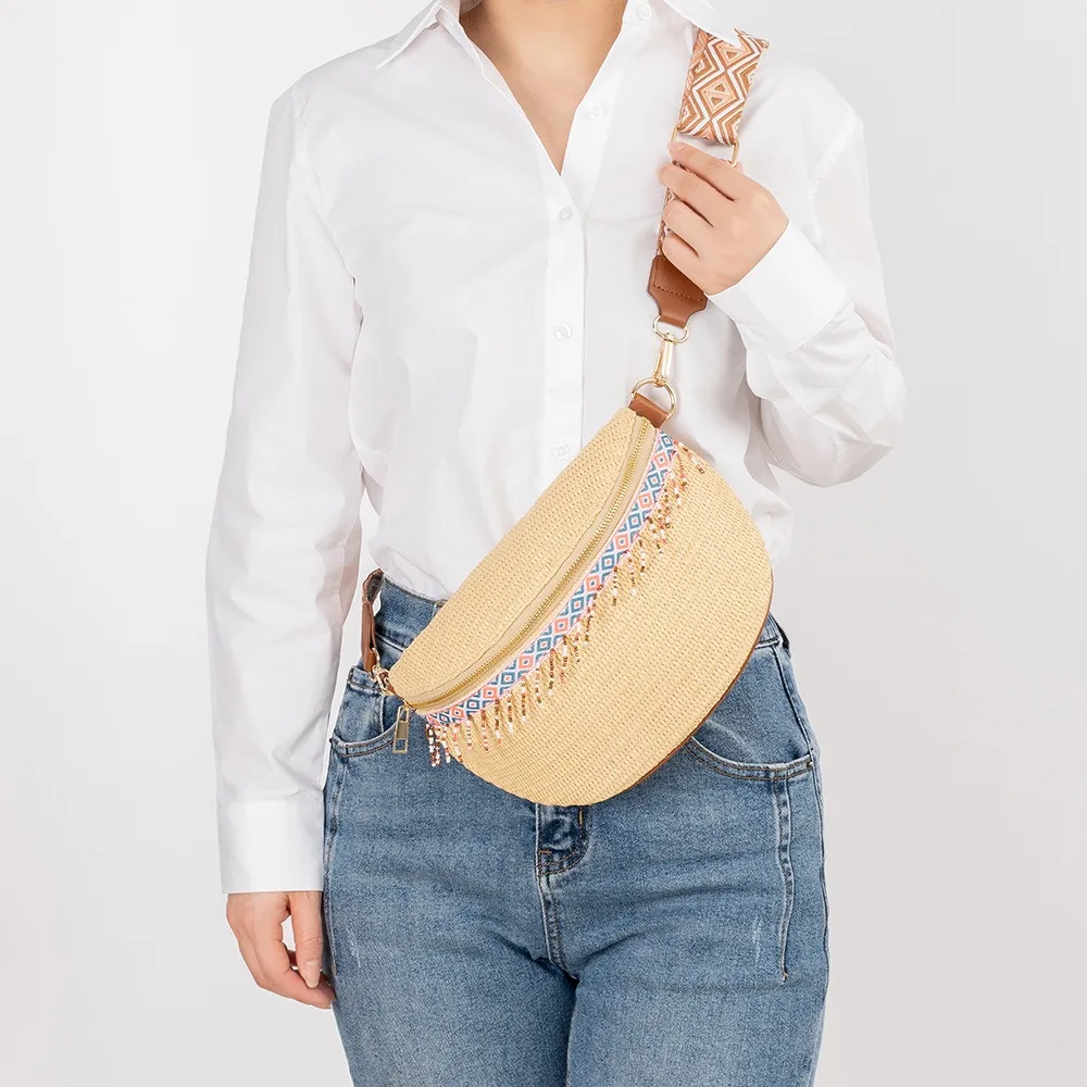 Boho Straw Crossbody Sling Bags Women Vintage Versatile Guitar Strap Fanny Packs Female Fashion Large Capacity Tassels Hip Pouch