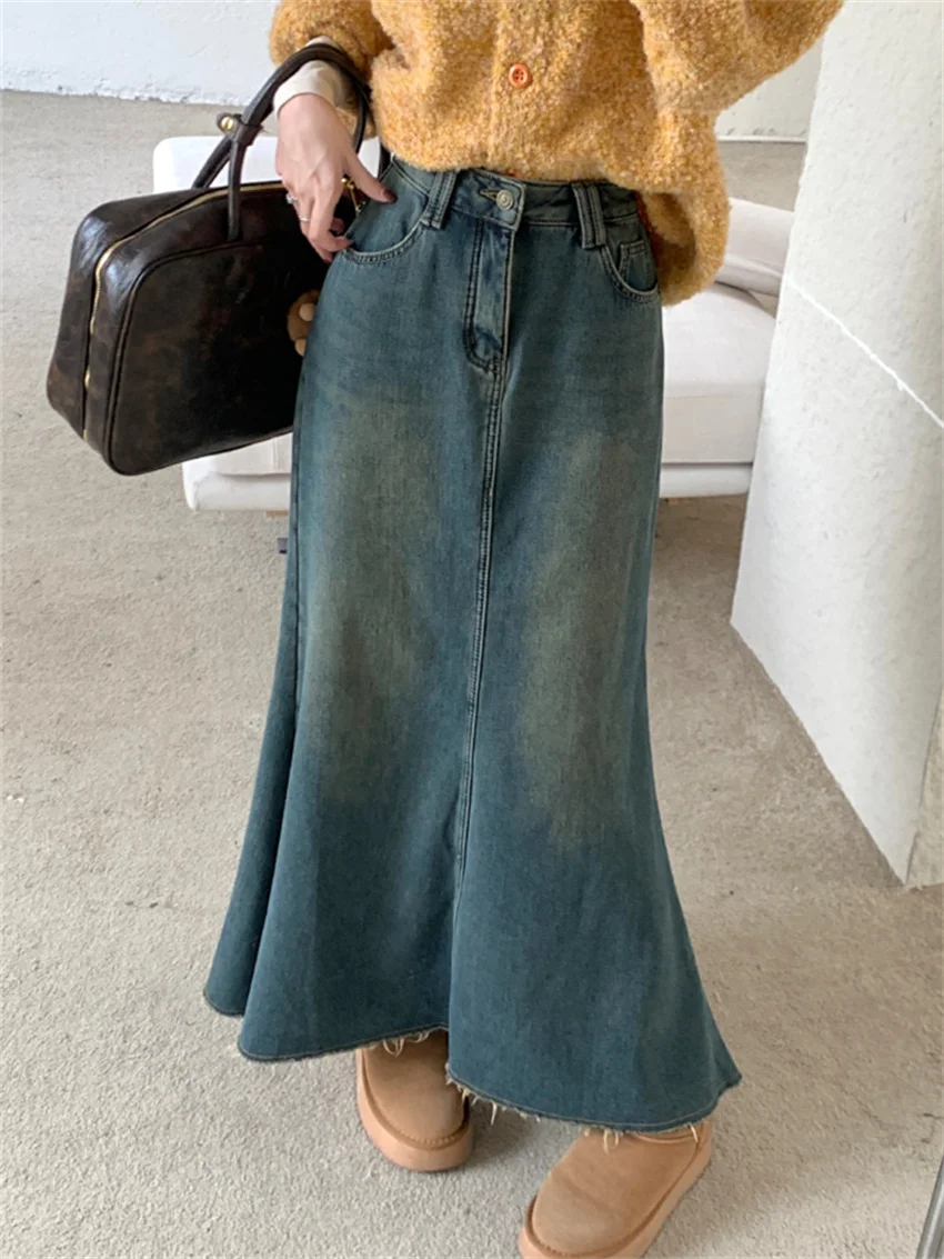 

Alien Kitty Winter Mermaid Long Skirts Women Plush Chic Loose 2023 Straight Jeanswear Denim New Slim Daily High Waist Vintage