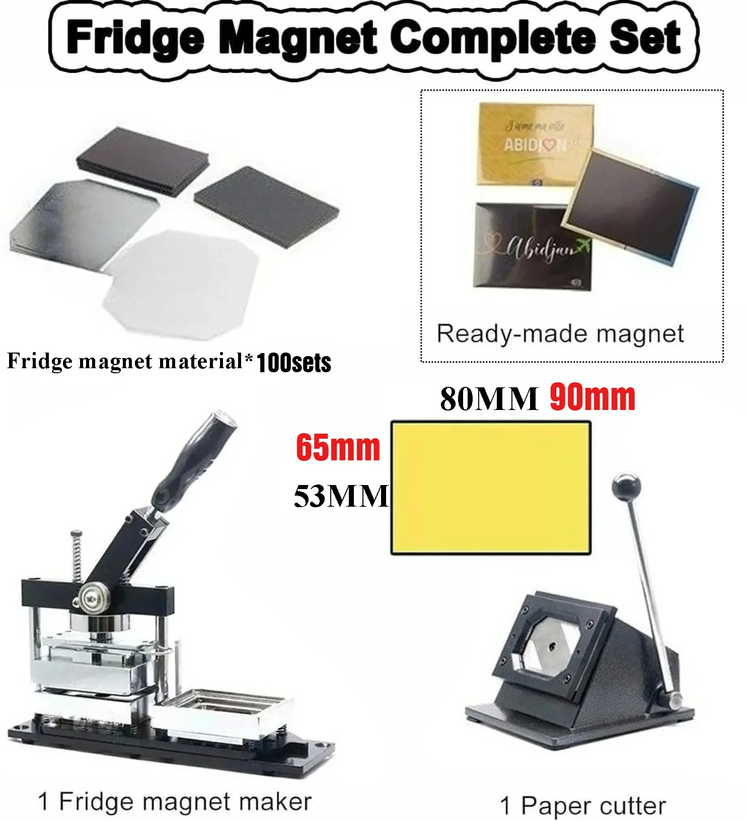 Photo Magnet Machine 80x53mm/90x65mm DIY Square Fridge Magnet Making Machine Kit Black Rectangular Includes 100 Pieces & Cutter