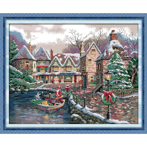 Soulgift News Pre-Printed Cross Stitch Kit, Stamped Aida Fabric with DMC Threads, Embroidery kit - Christmas Town