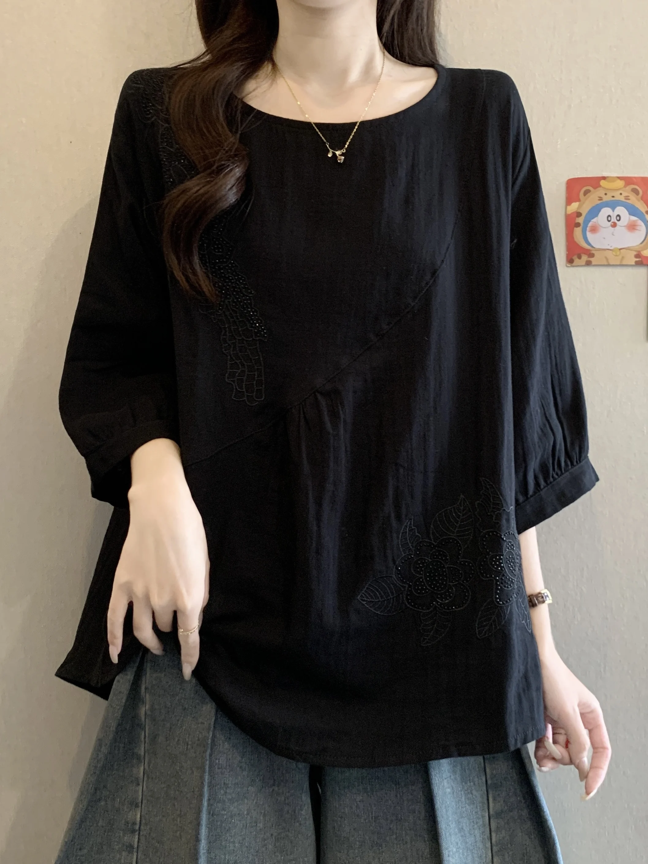 Slimming Design Seven-Quarter Sleeve Embroidered Base Shirt Women's Summer New Style plus Size Flattering Diamond Heat Transf...