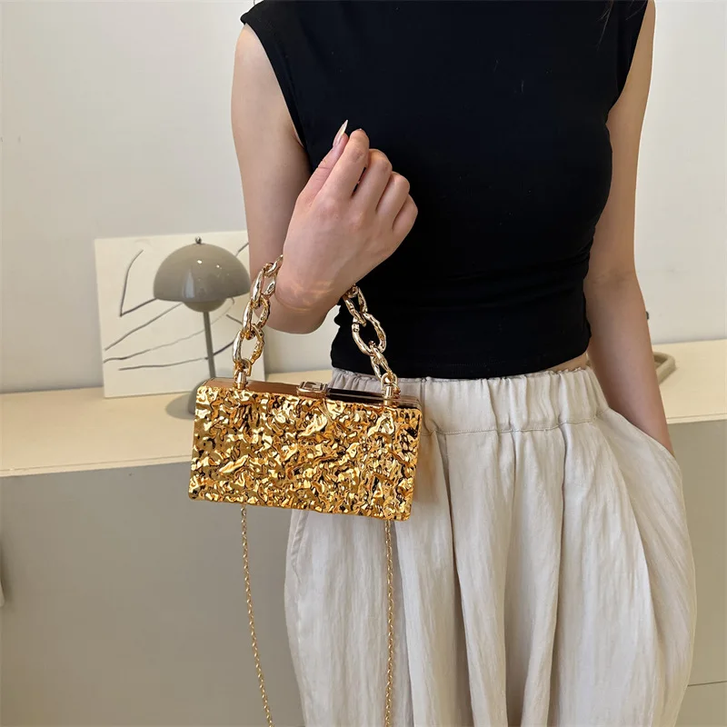 Luxury Gold Women Party Evening Bag For Women Metal Handle Clutch Bag Handbag Purse Chain Shoulder Crossbody Bag Mini Box Bag