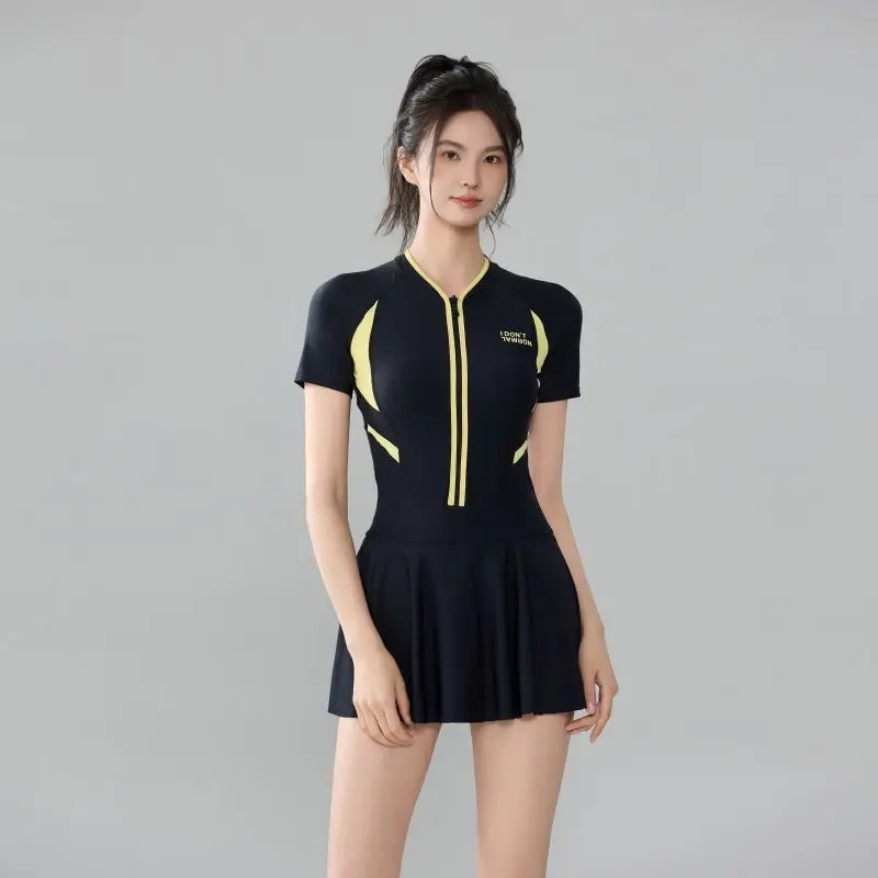 

Women One Piece Outdoor WaterProof Spandex Surfing Beach Swim Skirts Professional Short Sleeve Quick-Drying Bathing SwimWear