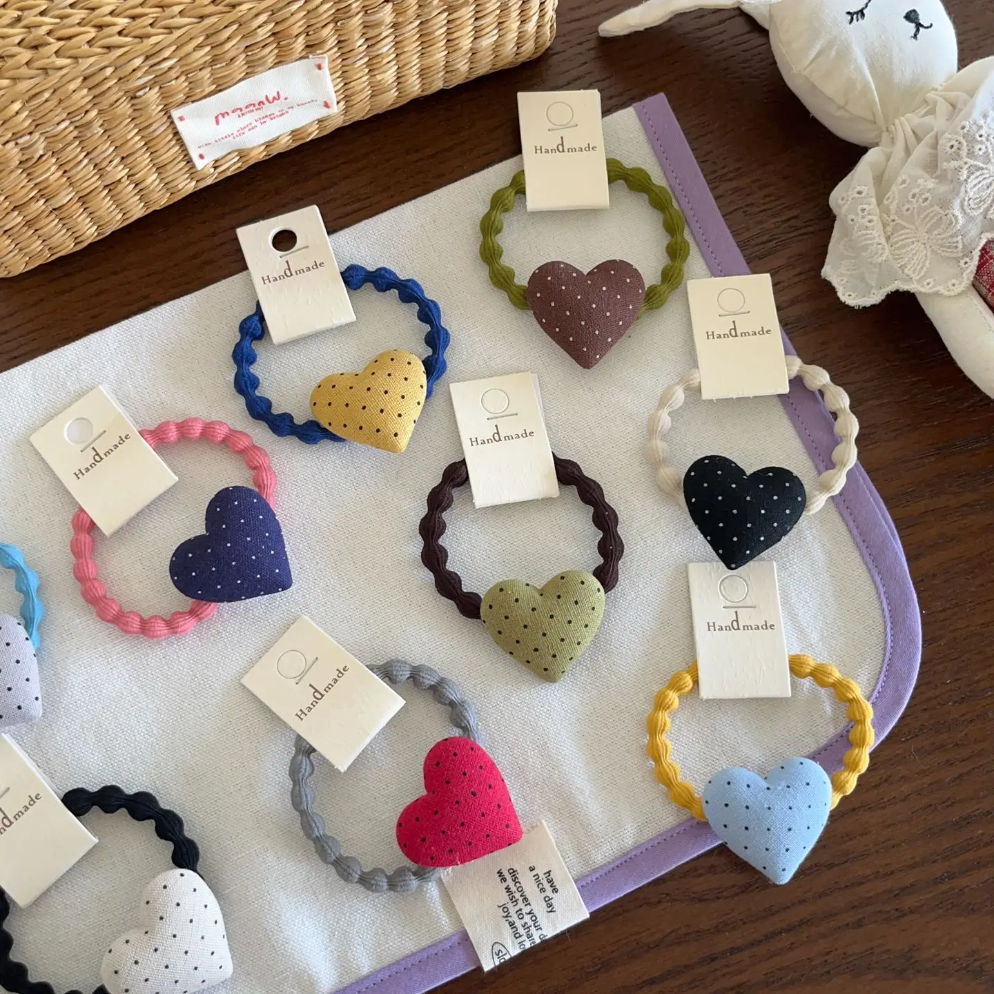 Hair Ties Retro Polka Dot Cloth Heart Button Adorable Vintage Style Elastic Bands for Everyday Bun and Updo Hairstyle