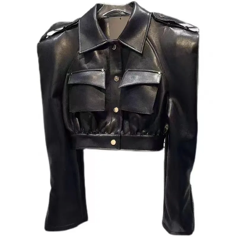 ストリートウェア ポケット付き PUレザー ブラックコート レディース 長袖 シングルブレスト ラペル スプライスジャケット 2025年春新作 カジュアルファッション
