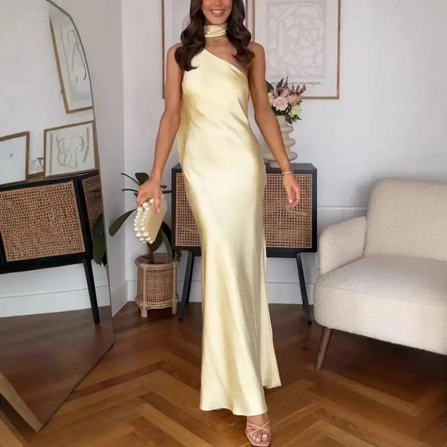 

Sweet And Fresh Party Prom Dresses Women Light Yellow Slant Collar Off Shoulder Package Hip Slim Banquet Dress Elegant Socialite