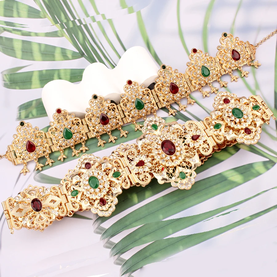 Traditionele Marokkaanse Jurk Riem Gold Plating Groen Rood Rhinestone Taille Kettingen Voor Vrouwen Caftan Bruids Sieraden Riemen