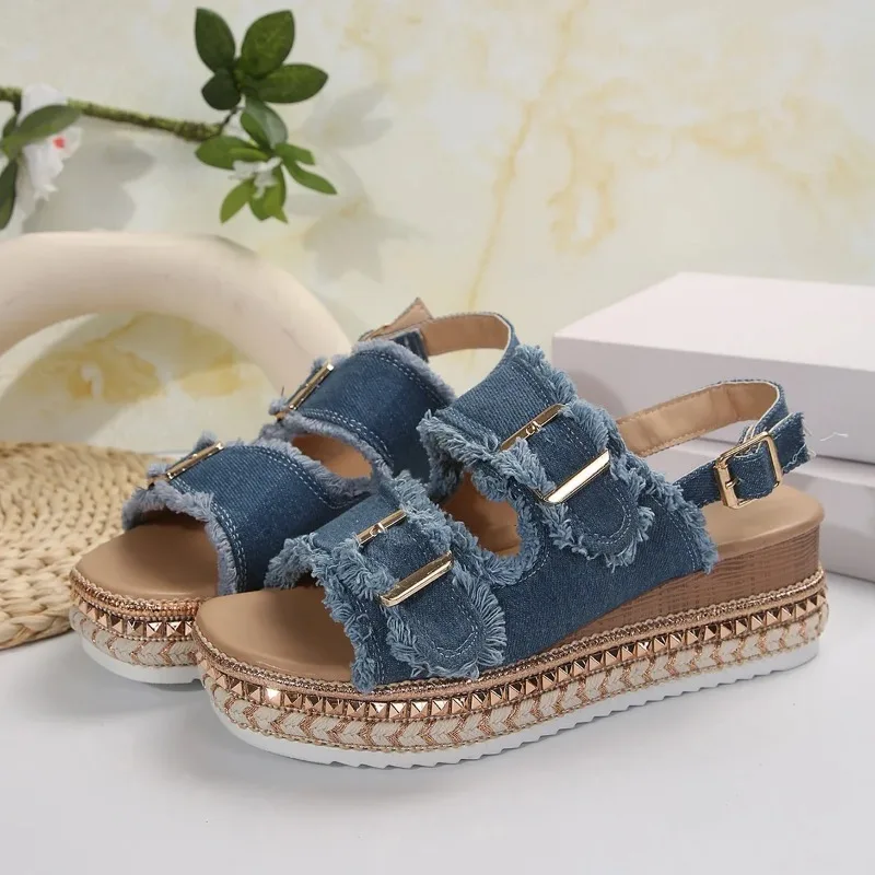 Women Wedge Sandals Summer Beach Slippers Double Buckle Non-slip Clogs Slides Women Flip Flop Platform Sandals Denim Female