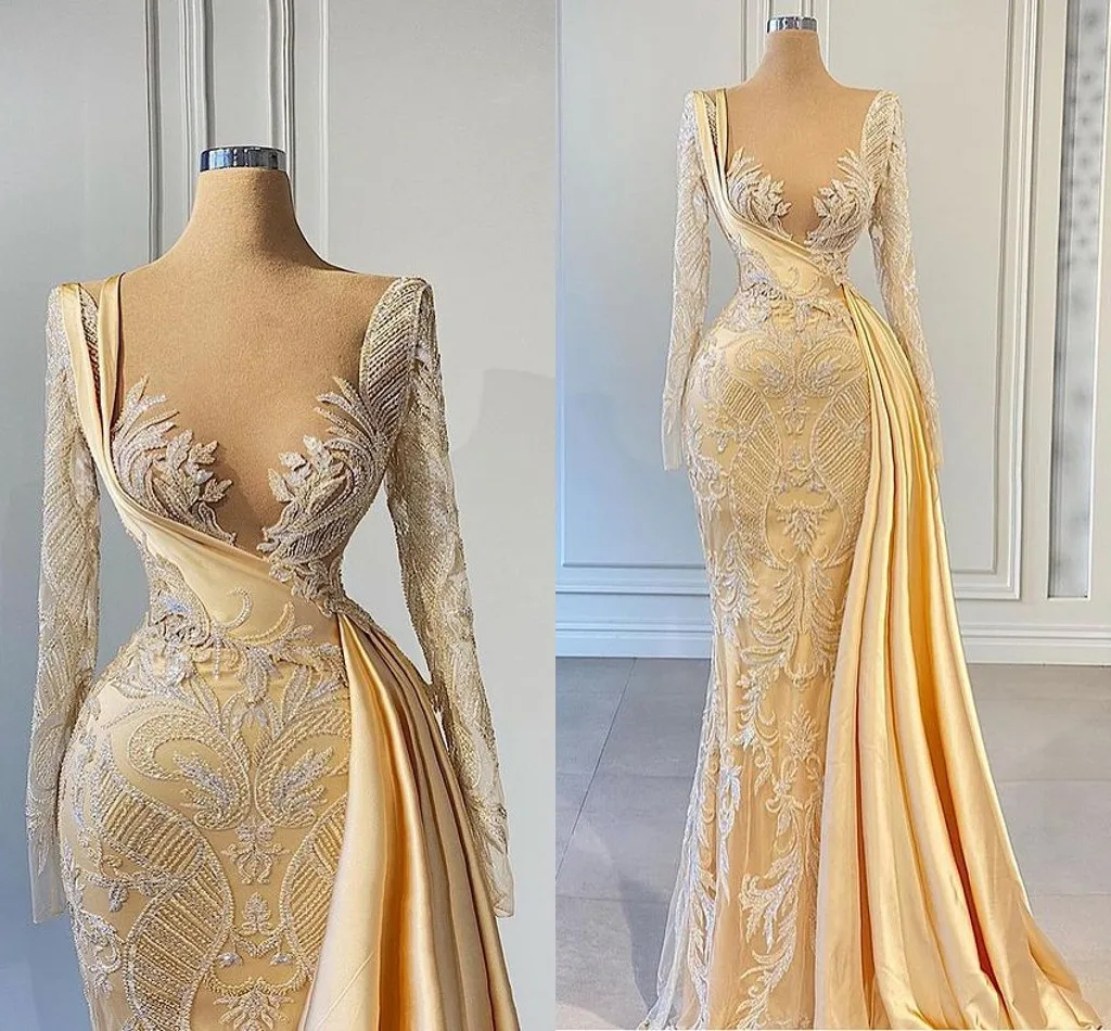 

Champagne Long Sleeve Prom Formal Dresses 2022 Sheer Neck Lace Floral Beaded Arabic Evening Reception Engagement Dress Wear