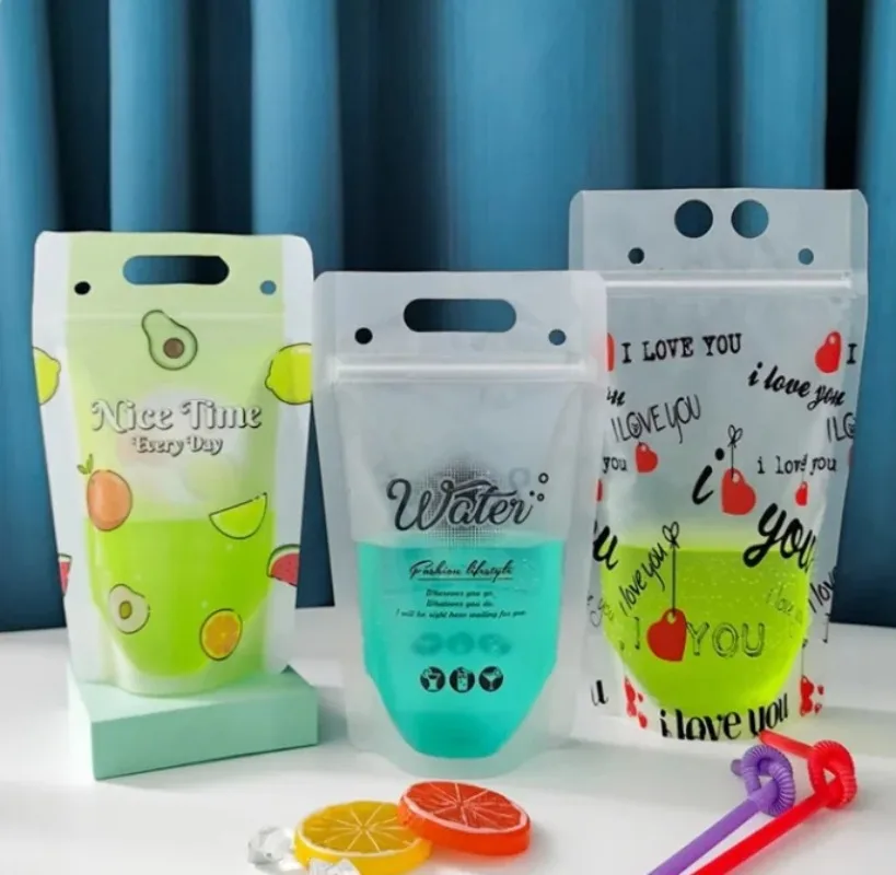 

100PCS Reusable Portable Plastic Beverage Bags 400ML~500ML - Leakproof Drink Pouches for Coffee, Juice, Milk, Beer, Matcha DIY
