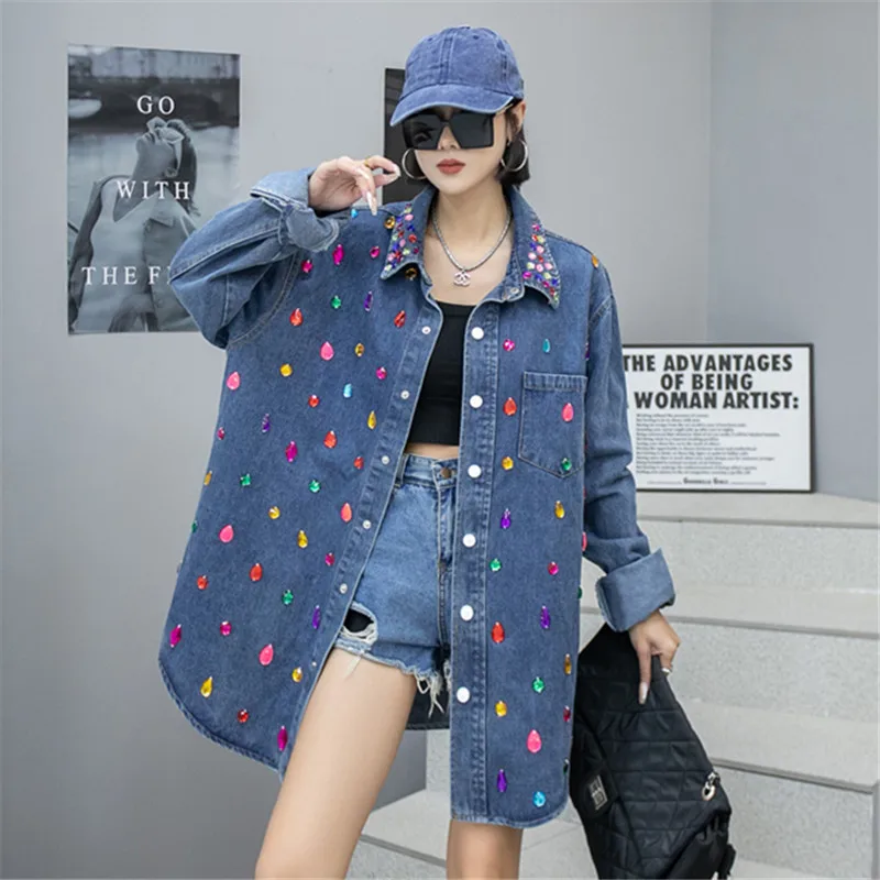 Fashion Diamond Blue Thin Denim Shirt Coat Women Casual Lapel Single-breasted Long Sleeve Jeans Jackets Streetwear Spring New