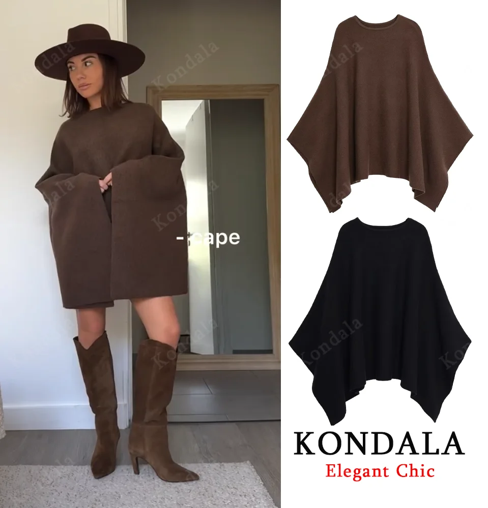

KONDALA Women Elegant Vintage Cape Jacket O-Neck Pleated Cape Jacket New 2025 Autumn Winter Fashion Commuter Party Dinner Jacket