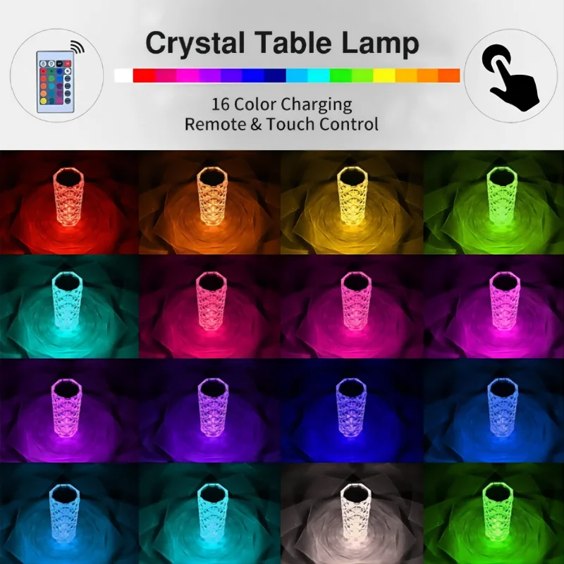 LED Crystal Table Lamp USB Touch Night Light 16 Color RGB Rechargeable Remote Control Atmosphere Party Gift