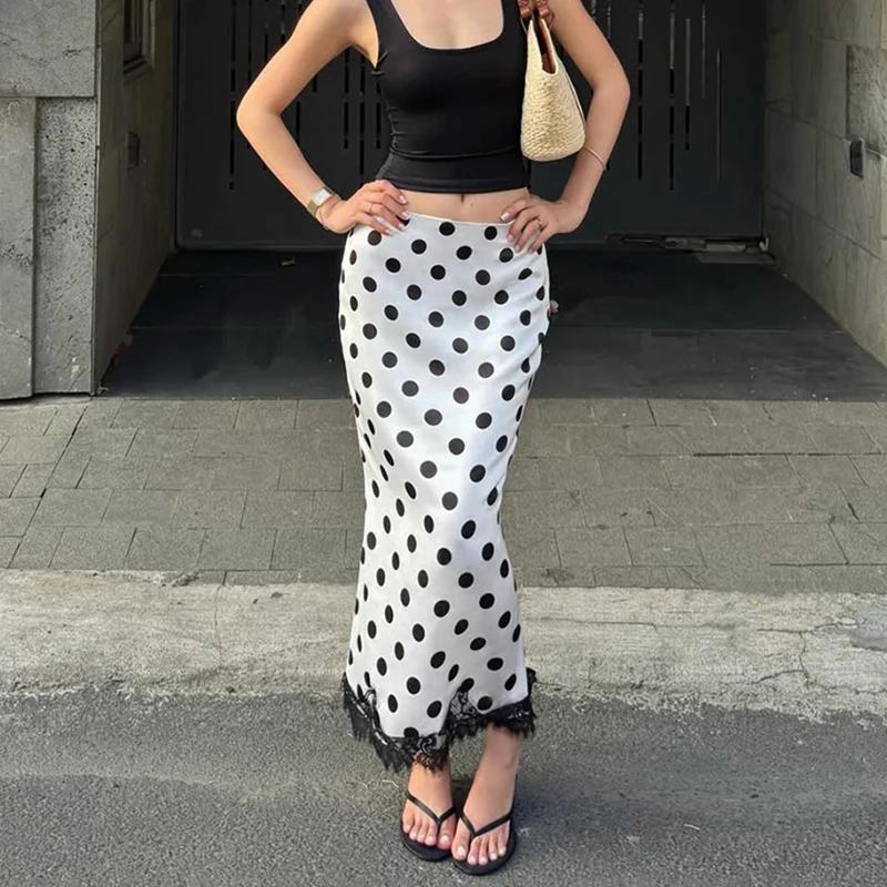 TARUXY Polka Dot Lace-Paneled Skirt Elegant Versatile Daily Stylish Slim High-Waisted Long Skirt 2026 Spring Summer Party Skirt