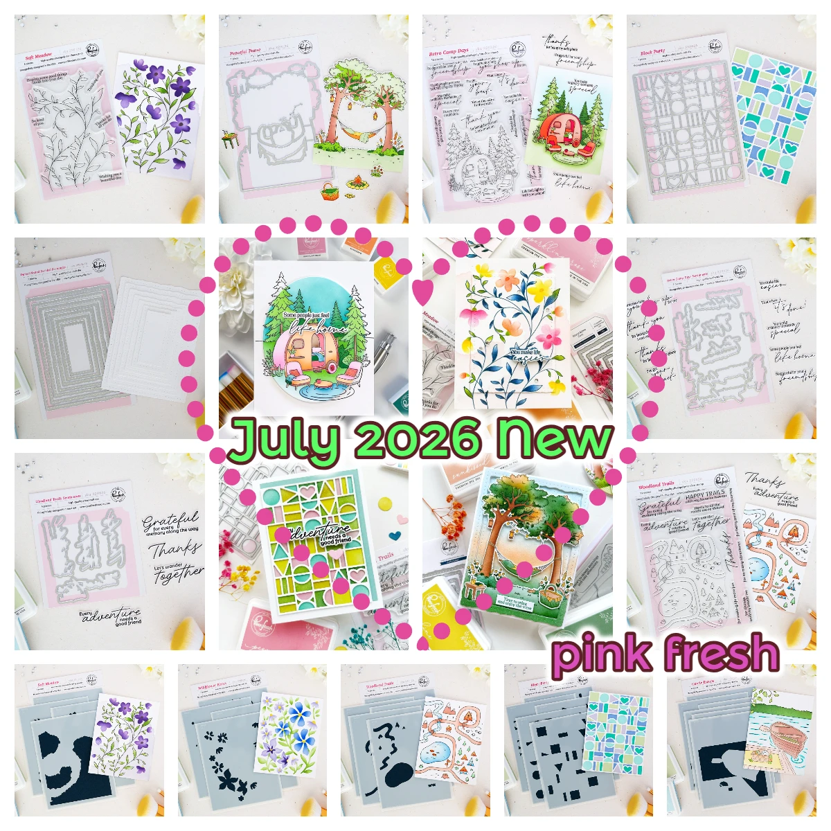 Pink Fresh Juli 2026 Neue Retro Camp Days Metall-Stanzformen und Stempel Schablonen für DIY Handgemachte Karten Scrapbooking Fotoalbum