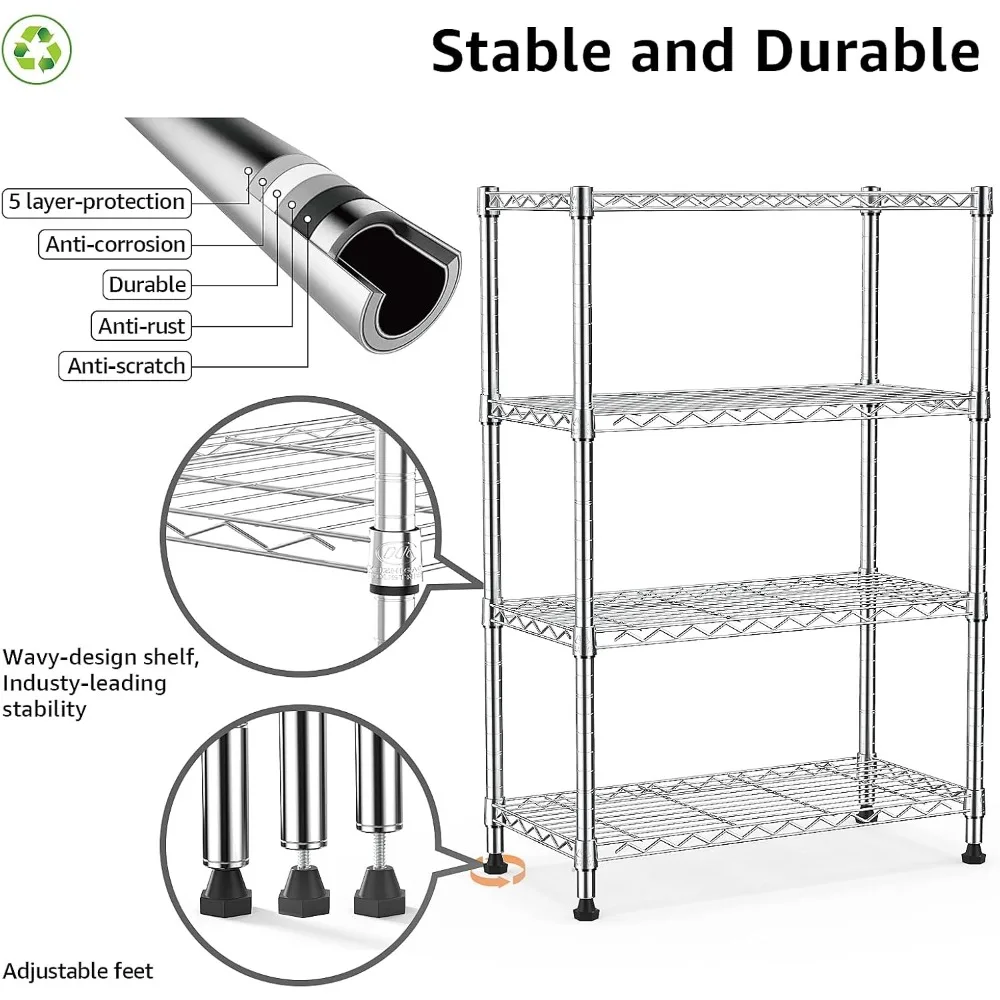 وحدة رفوف فولاذية مكونة من 4 طبقات بسعة 1000 رطل للاستخدام المنزلي والمطبخ والمكتب - رف سلك كروم (13.7 عمق × 23.