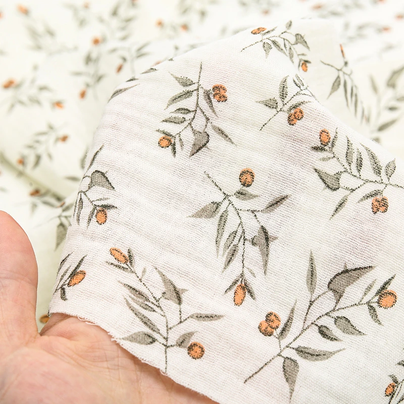 0.5m/1m/2m 100% Cotton Double Layer Crepe Baby Fabric Retro Leaf Fruit Print Soft DIY Baby Pajamas Towel Clothes Sewing Fabric