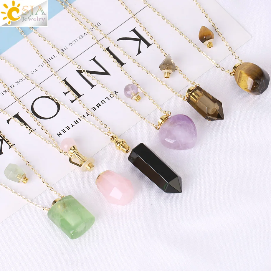 CSJA Natural Crystal Stone Perfume Bottle Necklace Reiki Amethysts Essential Oil Diffuser Pendant Trendy Jewelry for Women H052