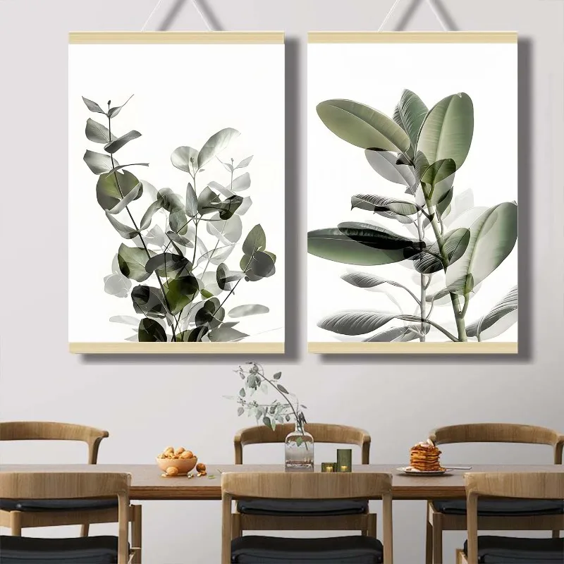 Green Plant Leaves Poster Print Eucalyptus Wall Art Canvas Painting Wood Hanging Scroll Living Room Optimistic Quote Home Decor