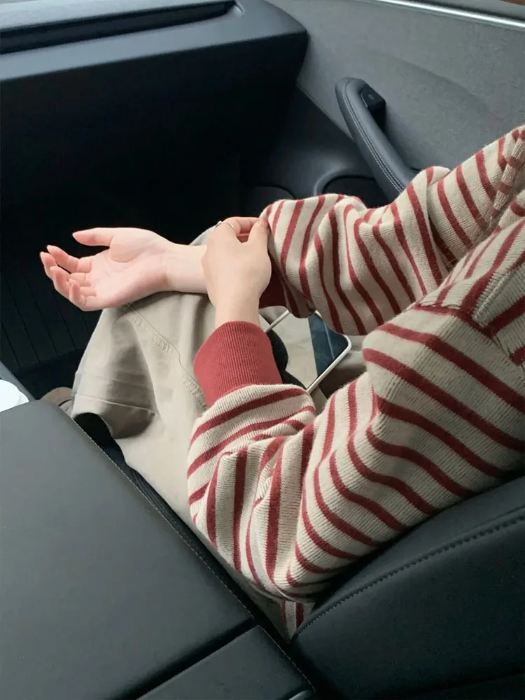 الأصلي النسيج كسول المرقعة كتلة اللون مخطط هوديي المرأة الرجعية الأحمر أعلى ربيع الخريف طويلة الأكمام جولة الرقبة تي شيرت