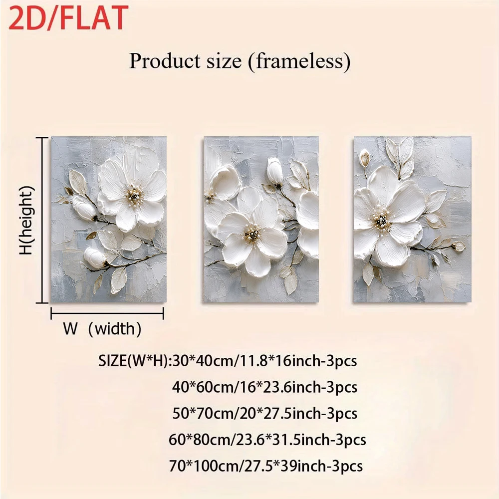 3pcs frameless Canvas Painting 1 set of white floral living room decorative paintings, three-panel frameless paintings, 2D flat