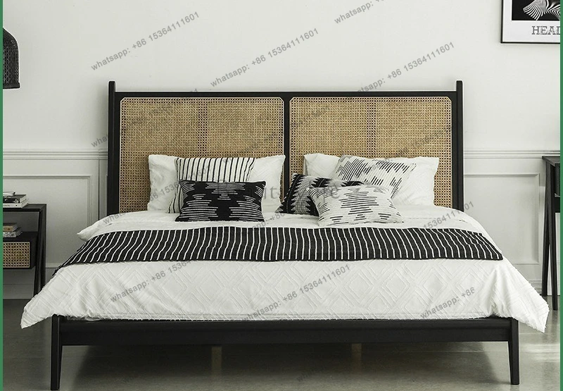 Modern minimalist classic black rattan ash wood frame 1.8m double bed 1.5m single
