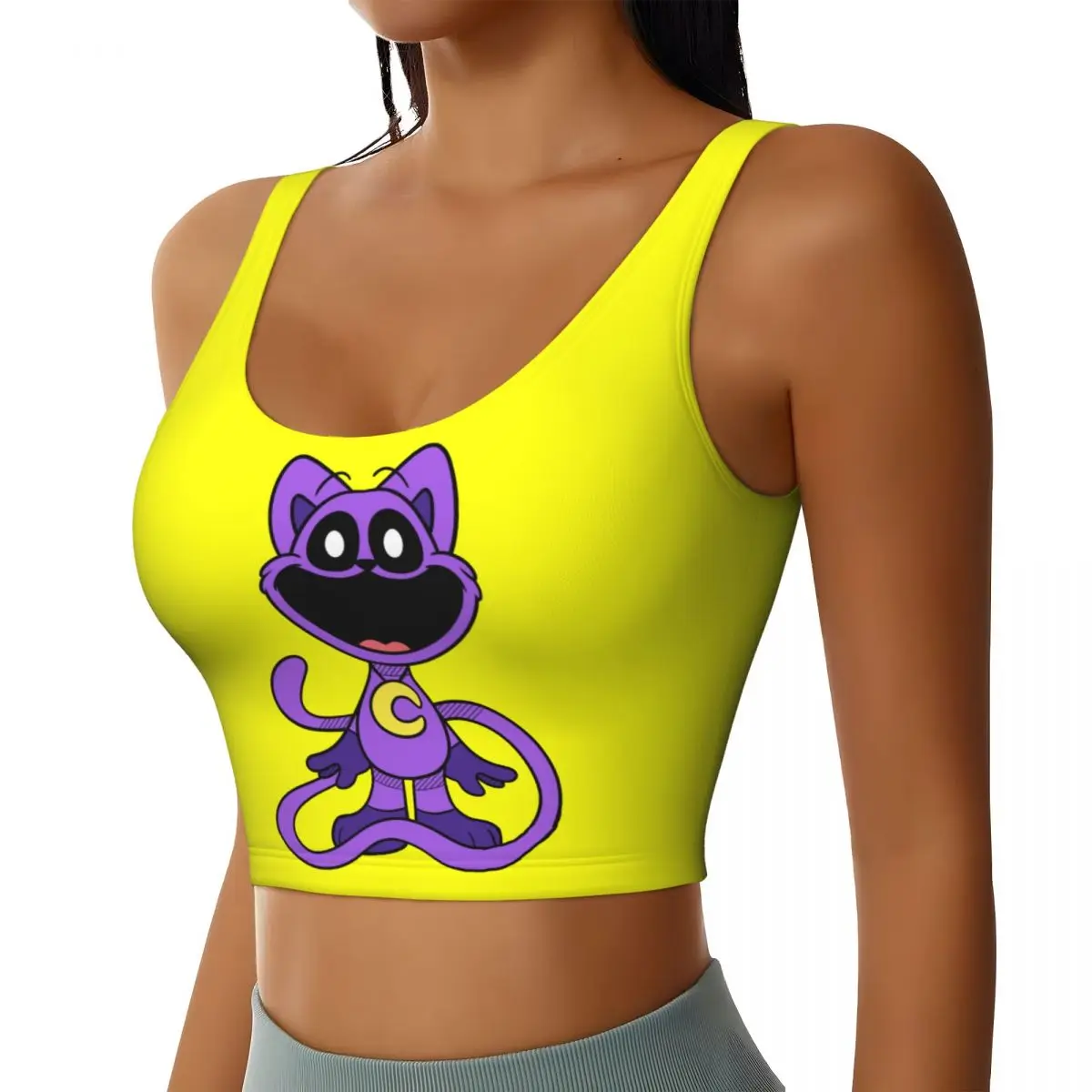 Custom High Impact Purple Smiling Big Mouth Cat Critters Sports Bra for Women Scarry Animated Game Gym Workout Yoga Crop Top