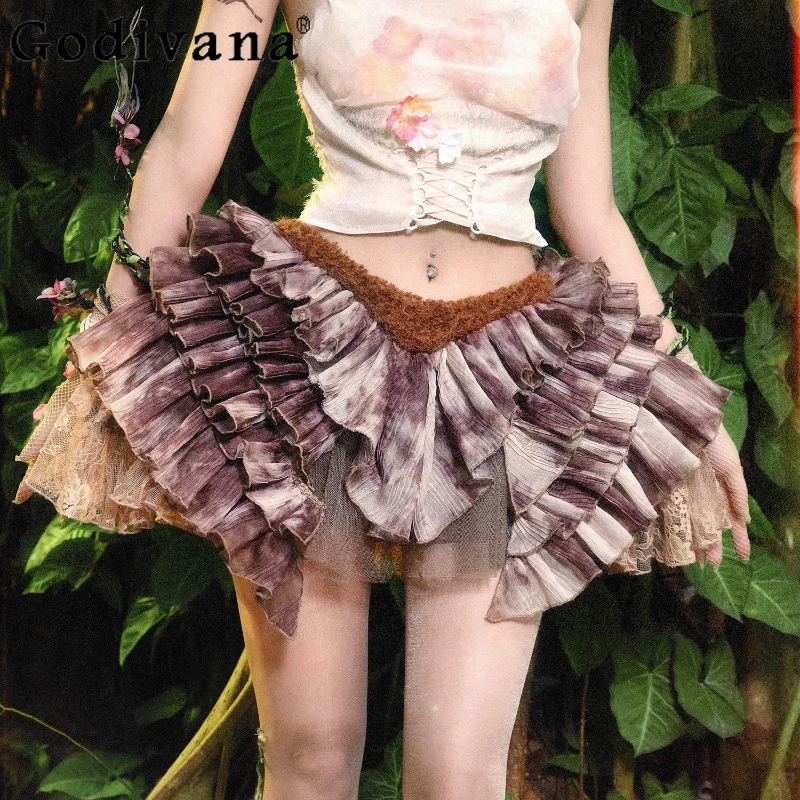 

Elegant Chiffon Elf Style Pleated Brown Short Skirt Personalized Girls A-line Irregular Chic Versatile Ruffles Fairy Cake Skirts