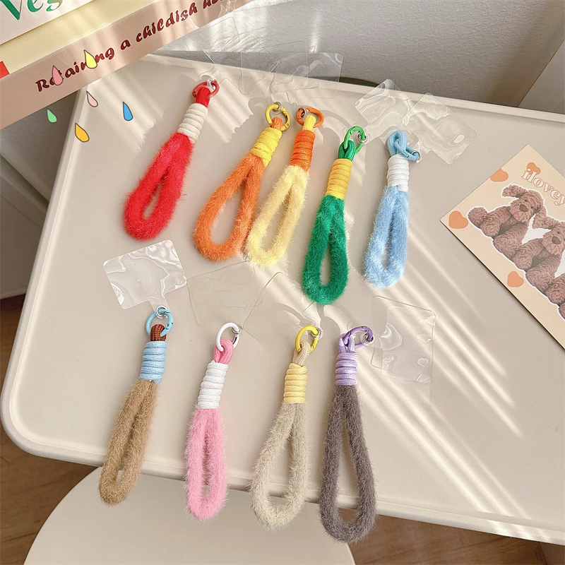 Cute Y2K Winter Plush Lanyard Colorful Phone Strap Bag Strips Keycord Hanging Trousers Accessories Anti-loss Keychain Wrist Rope