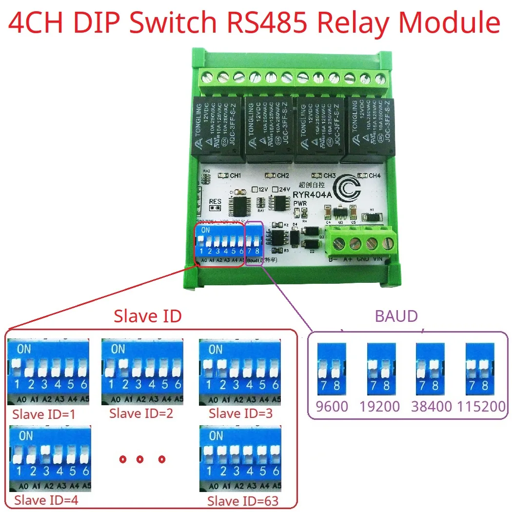 1/5PCS 4CH DC 12V 24V Modbus RTU RS485 DO Relay Module DIP Switch Setting Parameters With DIN BOX