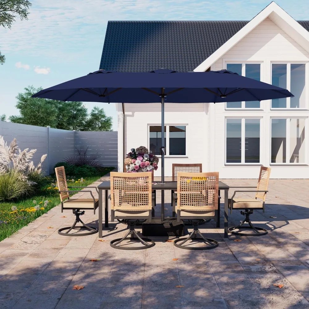 

15ft Large Patio Umbrella with Base Included, Double-Sided Rectangle Outdoor Table Umbrella with 12 Reinforced Ribs, Crank Lift