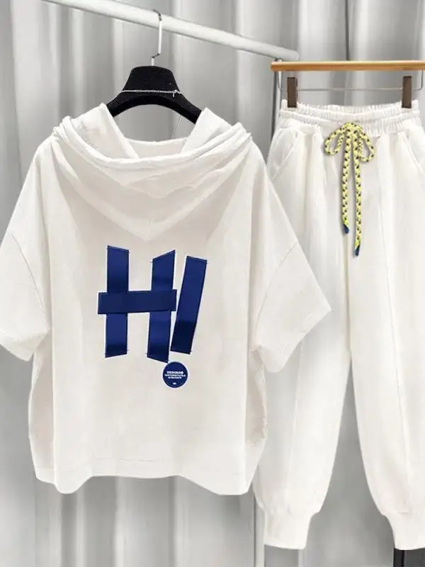 

TING Мужская летняя повседневная спортивная одежда, комплект с капюшоном с буквенным принтом ort Sve, свободный комплект Haome f Sve, комплект из двух предметов