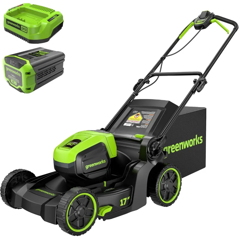 Tosaerba a batteria Greenworks da 60 V con larghezza di taglio da 17 pollici, capacità di mulching e imballaggio, alimentato da batteria da 4,0 Ah e 3