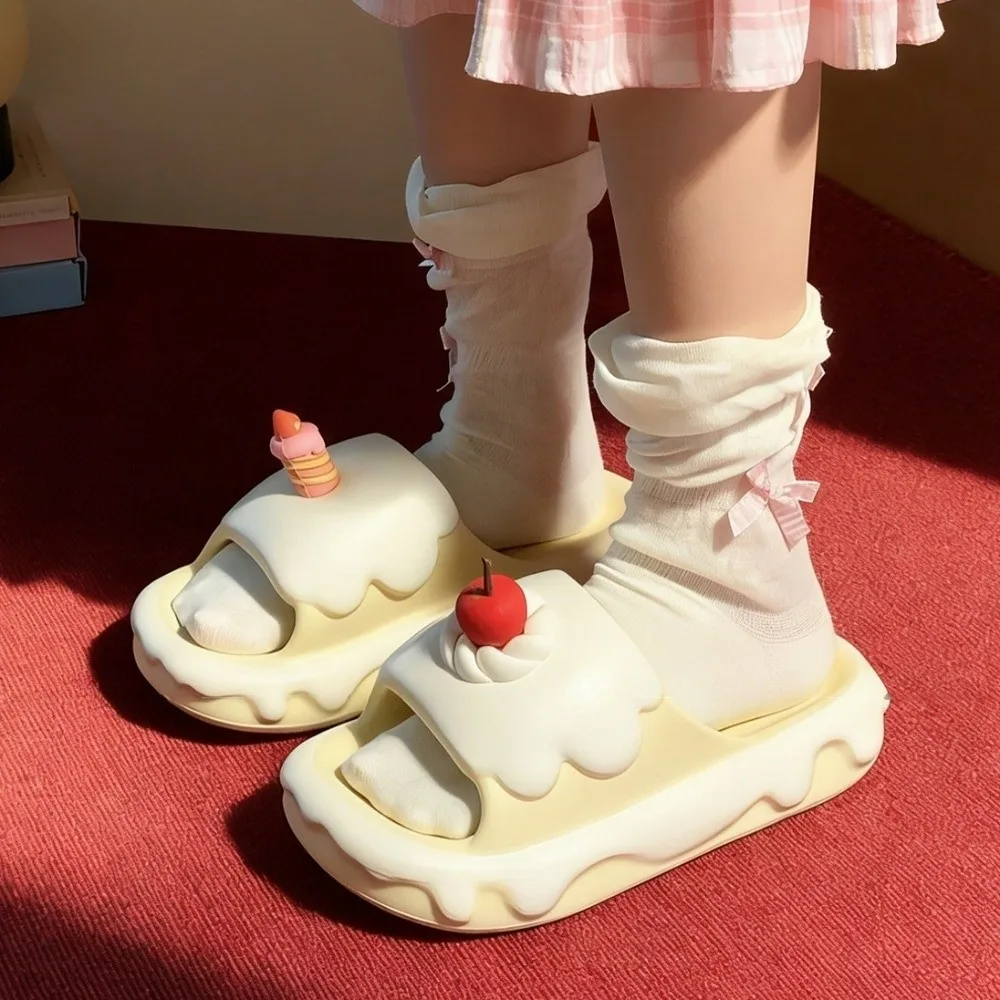 Cute Creative Cream Cake Slippers Thick Soles Non-Slip Cherry Cake Slippers Lightweight Comfortable Women Slippers Indoor