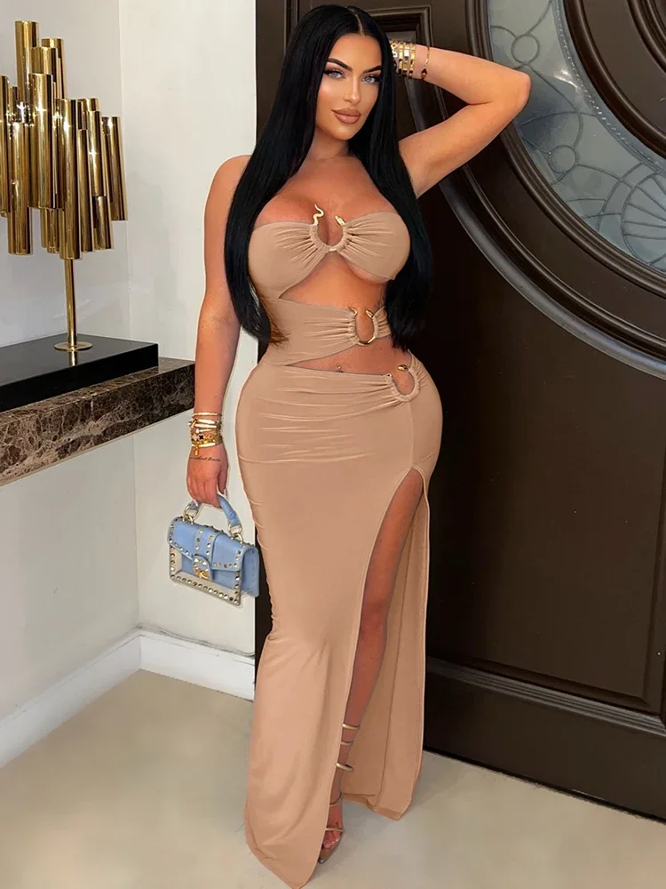 BWQ Women's Off Shoulder Cut-Out Snake Metal Long Dresses Glam Hollow Out High Slit Night Out Dress Female Vestido Clubwear 2025