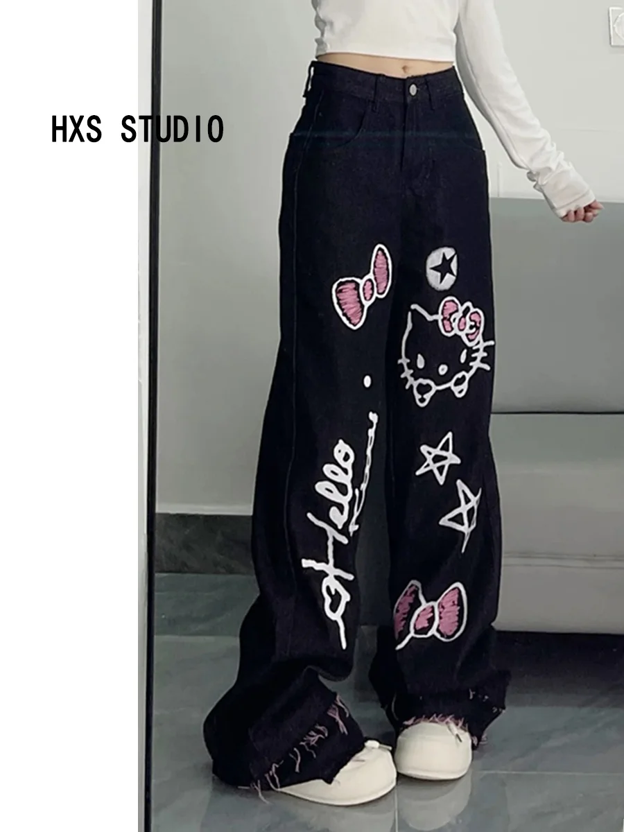 

Прямые джинсы с милым рисунком KT fiti, женские осенне-зимние новые дизайнерские потертые брюки длиной до пола