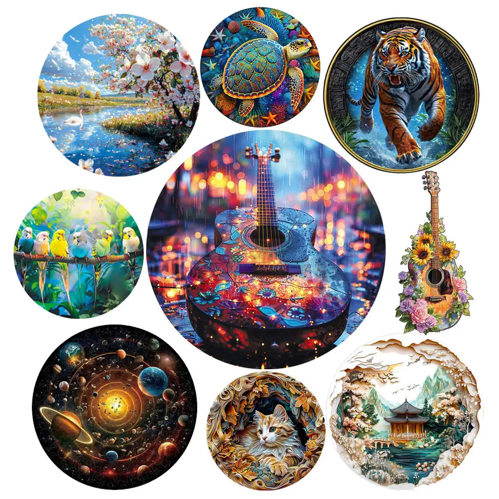 

Lovely Guitar Tiger Dog Wood Jigsaw Unique Circular Wooden Animal Puzzle for Adult Kids Intelligent DIY Toys Holiday Gifts