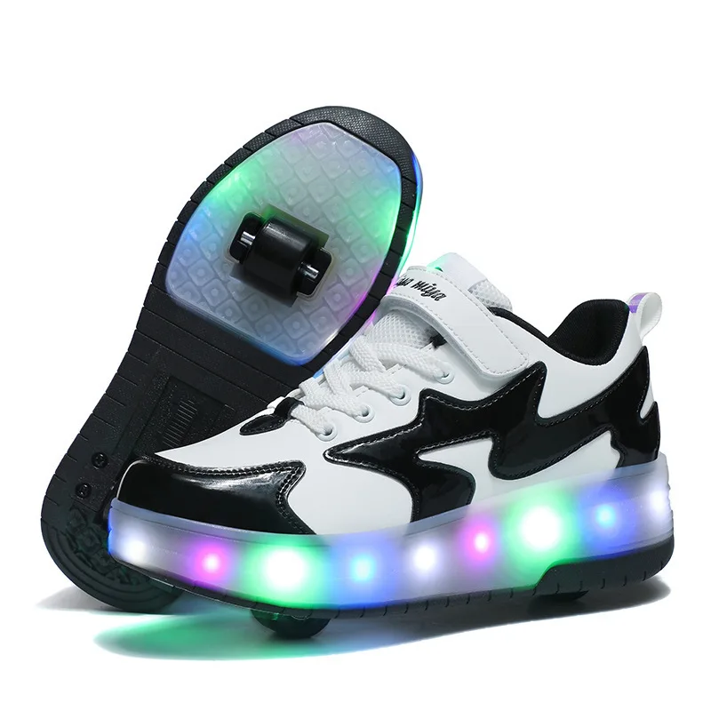 Zapatos de patines de 2 ruedas para niños y niñas, zapatillas de patinaje desmontables para exteriores, 2 filas sin Led, regalo blanco y negro,