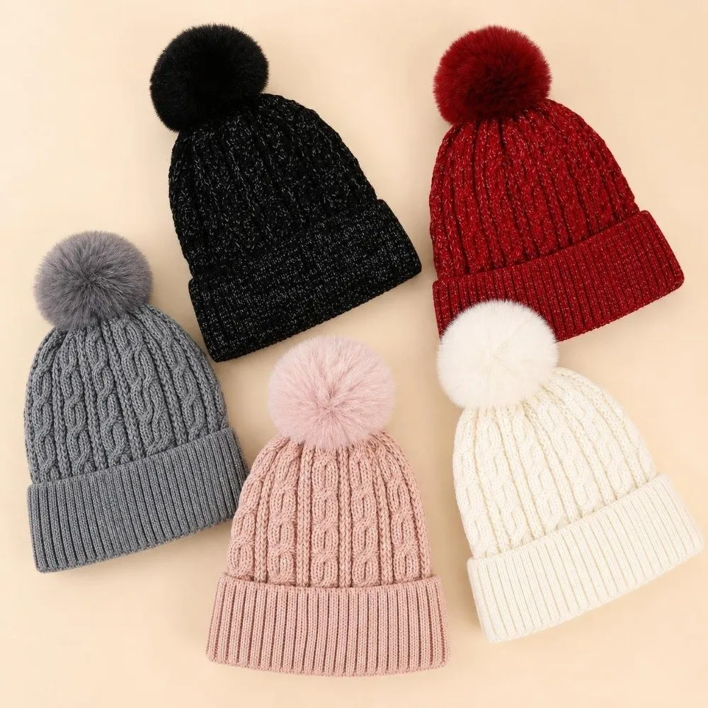Simple Winter Warm Pullover Cap Earmuffs Solid Color Knitted Hat with Fluffy Ball All-match Beanies Cap for Male Female