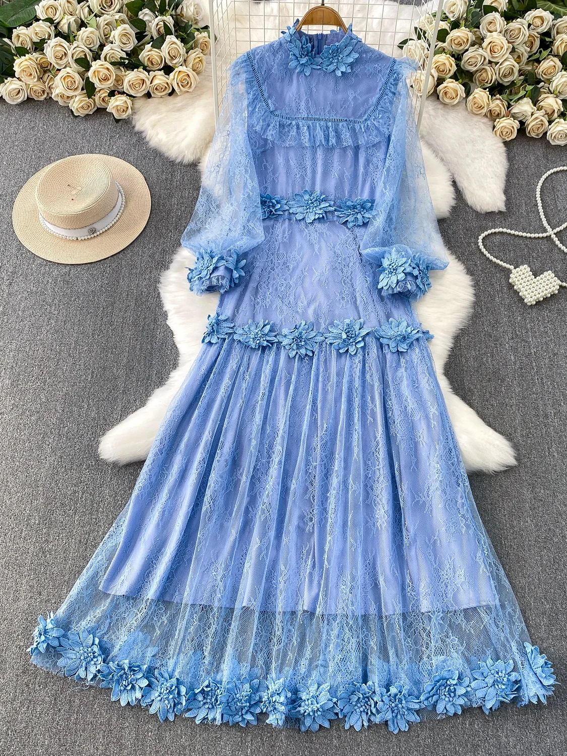 Retro Court Sle Beautiful Fairy Aosphere 3D Flower round Ne Long Dr Women's High-End Lace Dr Ele Princ Gown