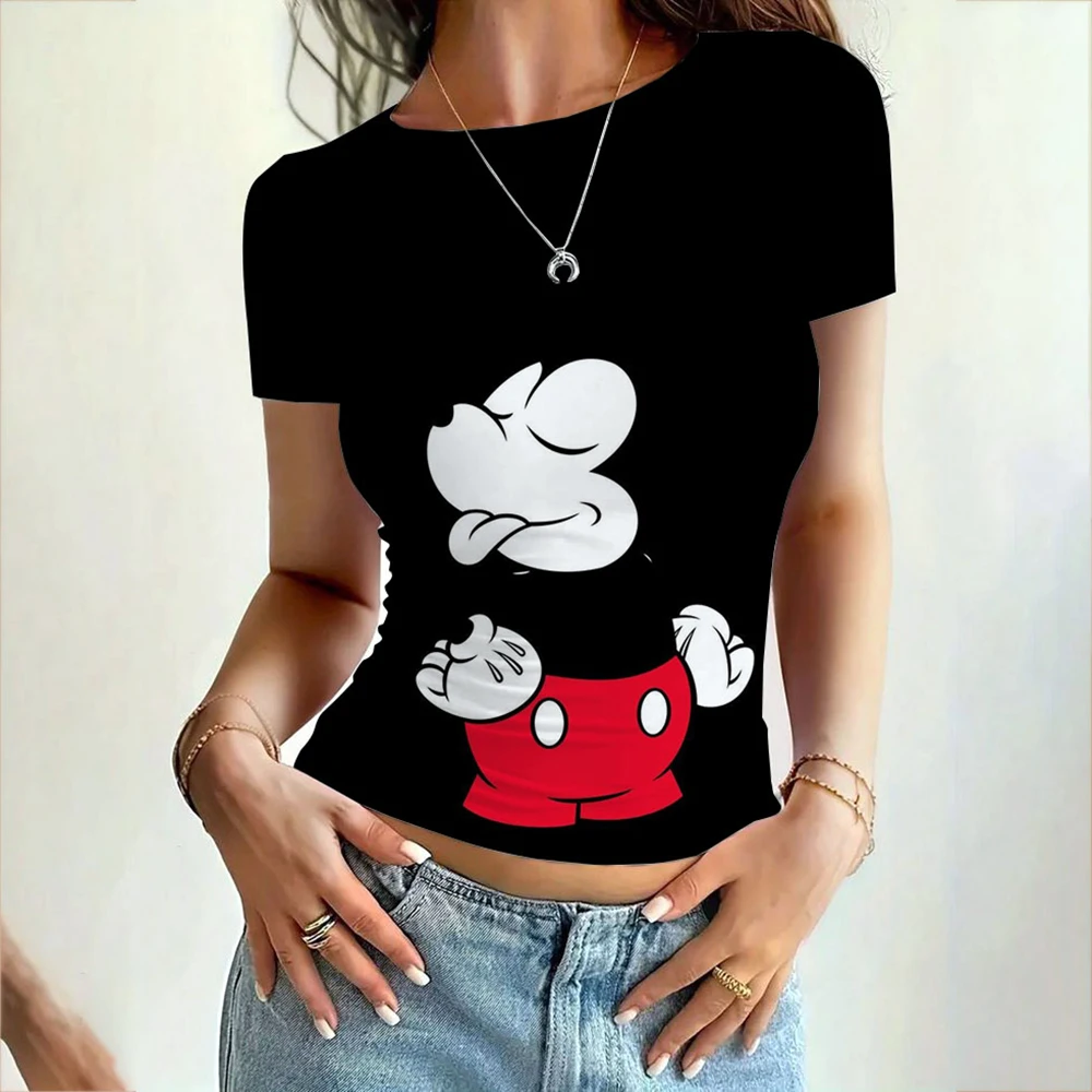 ديزني ميكي ماوس طباعة 2025 الصيف مثير المرأة الأساسية س الرقبة قصيرة الأكمام تي شيرت المرأة سليم صالح مطاطا تي شيرت أعلى 20 co