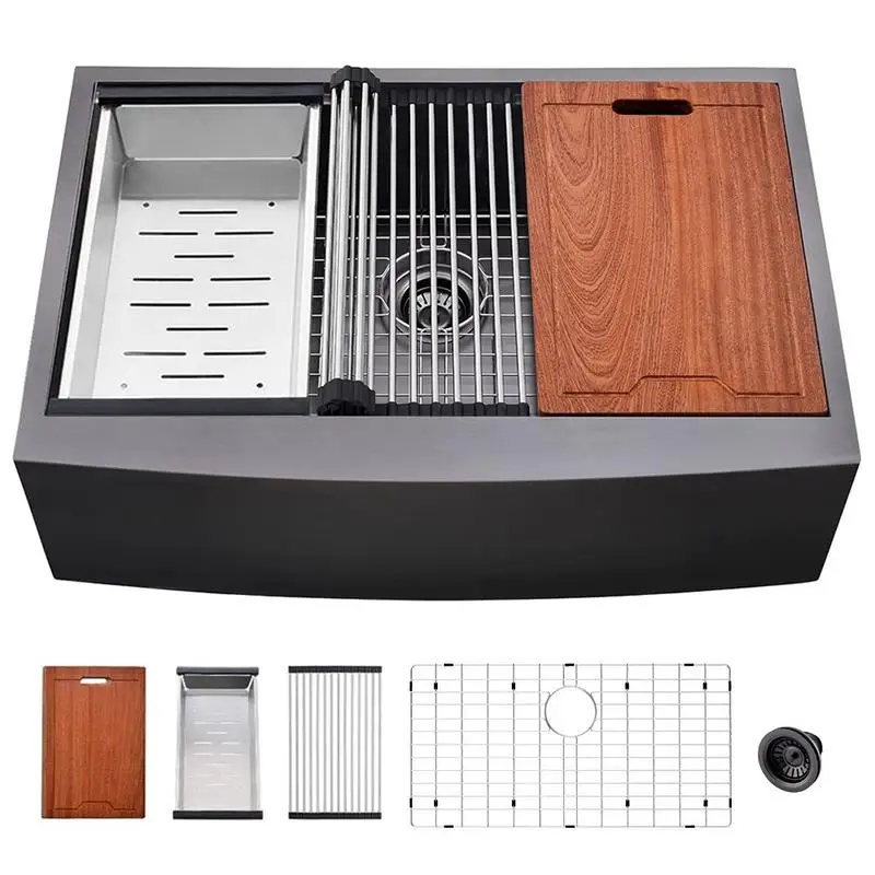 

33" L x 22" W Farmhouse Kitchen Sink Matte Black Stainless Steel Single Bowl Apron Workstation Sink with Accessory Kit
