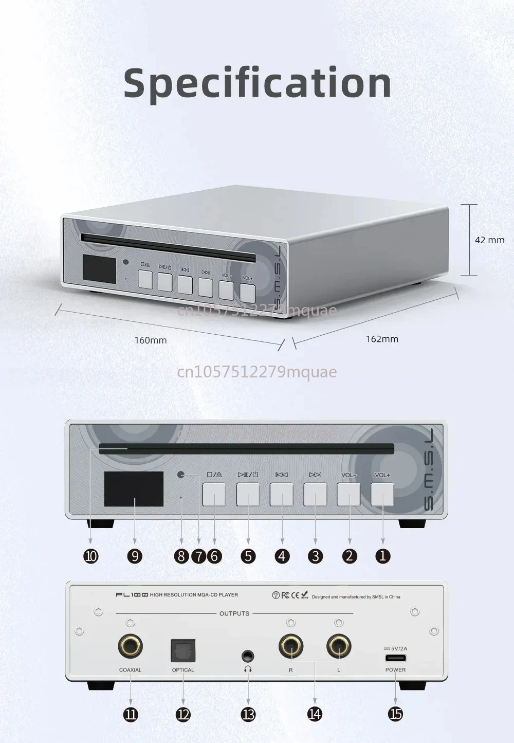 PL100 CD Player Portable CS43131 Support Optical Coaxial 32Ω/60mW 3.5mm Headphone Output with Remote Control