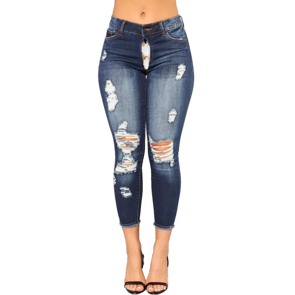Invisible Open Crotch Pants Women's Stretchy Ripped Hole Skinny Jeans Butt Lifting Distressed Denim Pants with Pockets Trousers